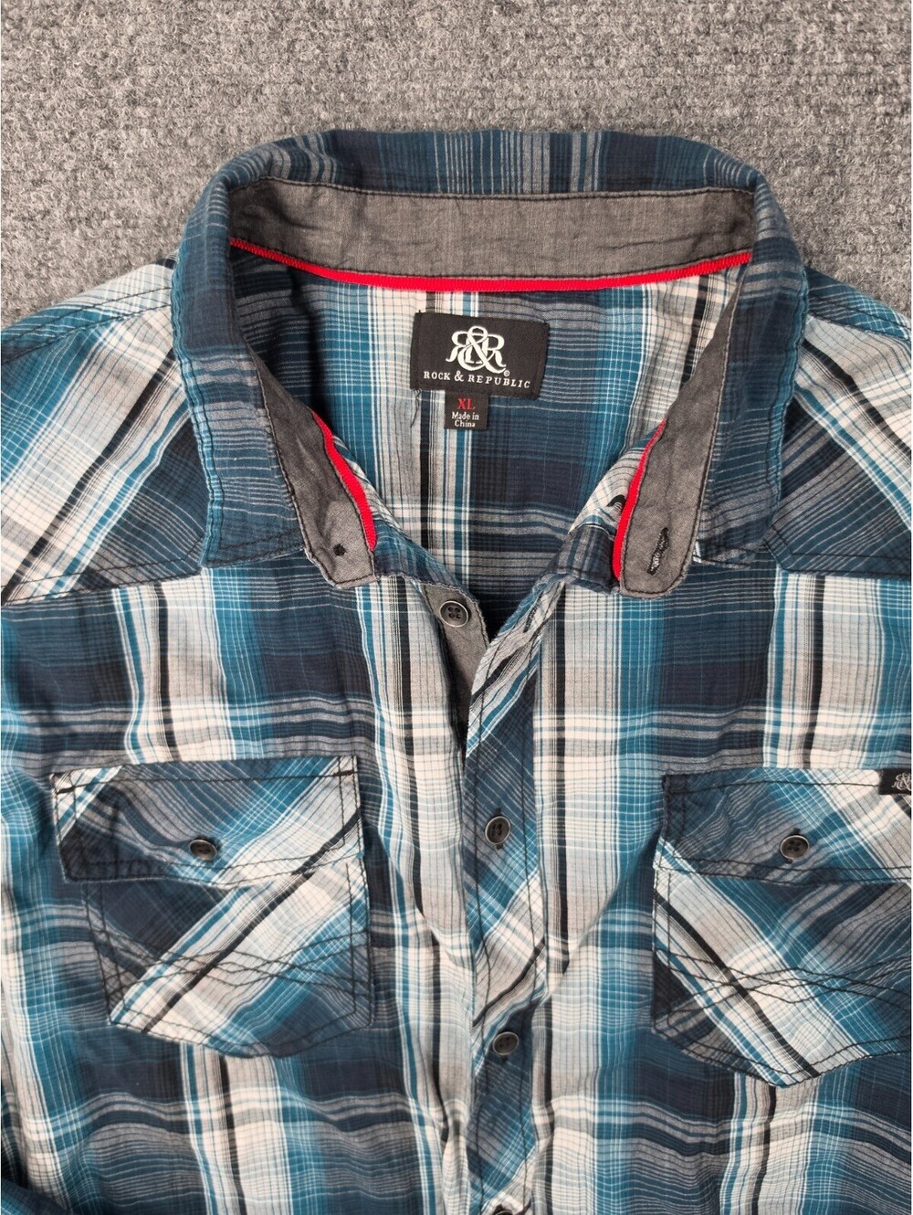 Rock & Republic Shirt Mens XL Blue Plaid Western Pearl Snap Style Long Sleeve